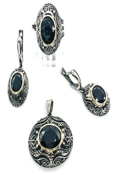 925 Ayar Gümüş Oval Siyah Taşlı Otantik Frigya Set Gümüş - 19