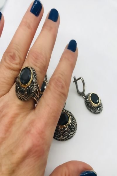 925 Ayar Gümüş Oval Siyah Taşlı Otantik Frigya Set Gümüş - 19