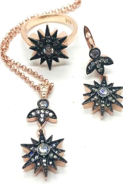 925 Ayar Gümüş Elmas Montürlü Kutup Yıldızı  Set-Takım Pembe Altın (Rose) - 11