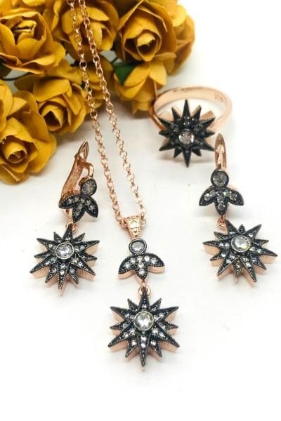 925 Ayar Gümüş Elmas Montürlü Kutup Yıldızı  Set-Takım Pembe Altın (Rose) - 11