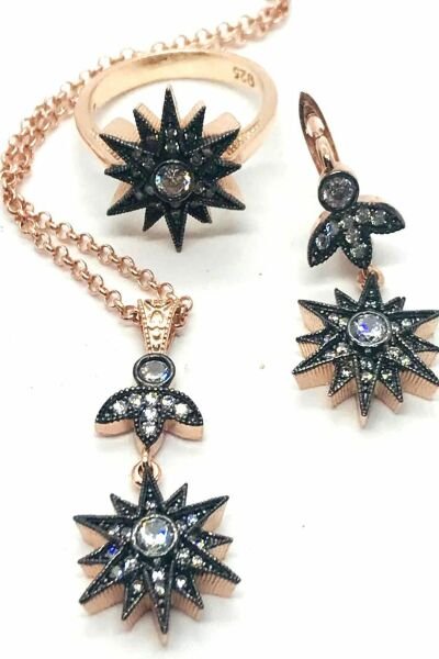 925 Ayar Gümüş Elmas Montürlü Kutup Yıldızı  Set-Takım Pembe Altın (Rose) - 14