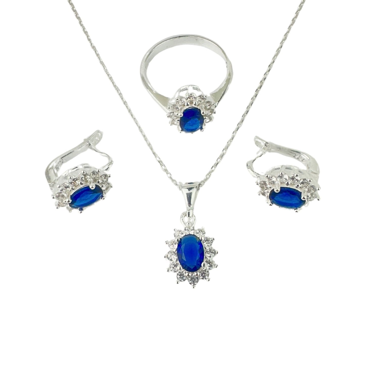 925 Ayar Gümüş Lacivert Taşlı Anturajlı Oval  Set