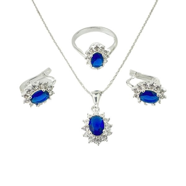 925 Ayar Gümüş Lacivert Taşlı Anturajlı Oval  Set