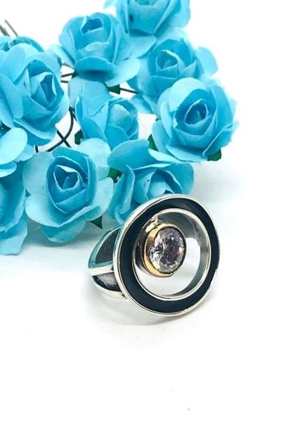 925 Ayar Gümüş Otantik Karamel Tek Taş Yüzük Gümüş - 13