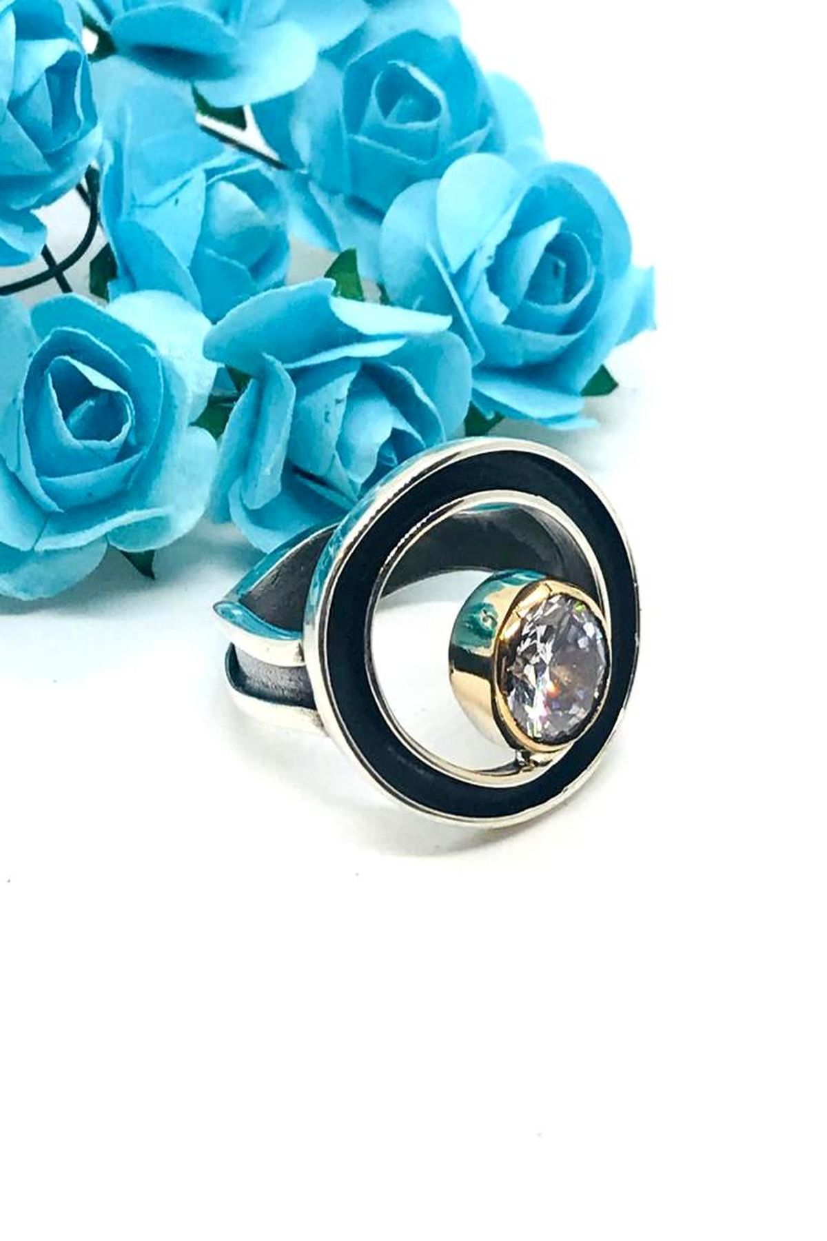 925 Ayar Gümüş Otantik Karamel Tek Taş Yüzük Gümüş - 15