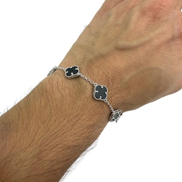 925 Ayar Gümüş Black Onyx Taşlı 5 li  Yonca Siyah Bileklik
