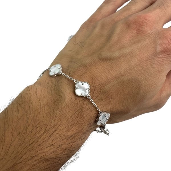 925 Ayar Gümüş Beyaz Sedef  Taşlı 5 li Yonca Beyaz Bileklik