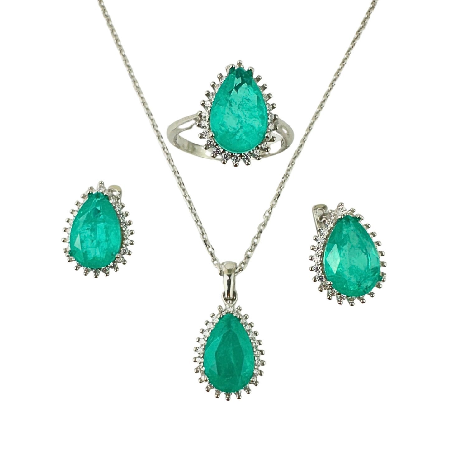 925 Ayar Gümüş Paraiba Turmolini ve Zirkon Taşlı Anturajlı Damla Set