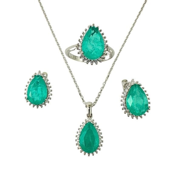 925 Ayar Gümüş Paraiba Turmolini ve Zirkon Taşlı Anturajlı Damla Set