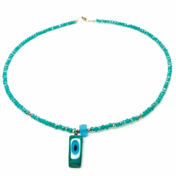 Cam Nazarlıklı Yeşil Kristal Taşlı Kolye
