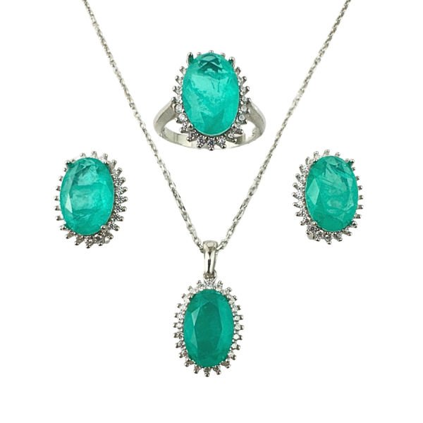 925 Ayar Gümüş Paraiba Turmolini ve  Zirkon Taşlı Anturajlı Oval Set
