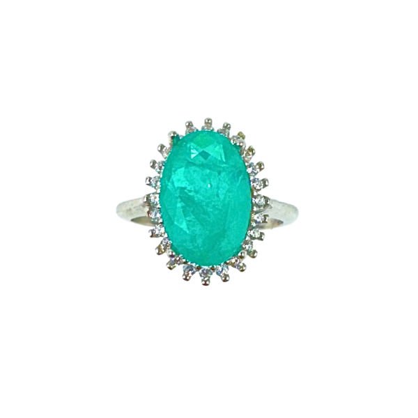 925 Ayar Gümüş Paraiba Turmolini ve  Zirkon Taşlı Anturajlı Oval Set