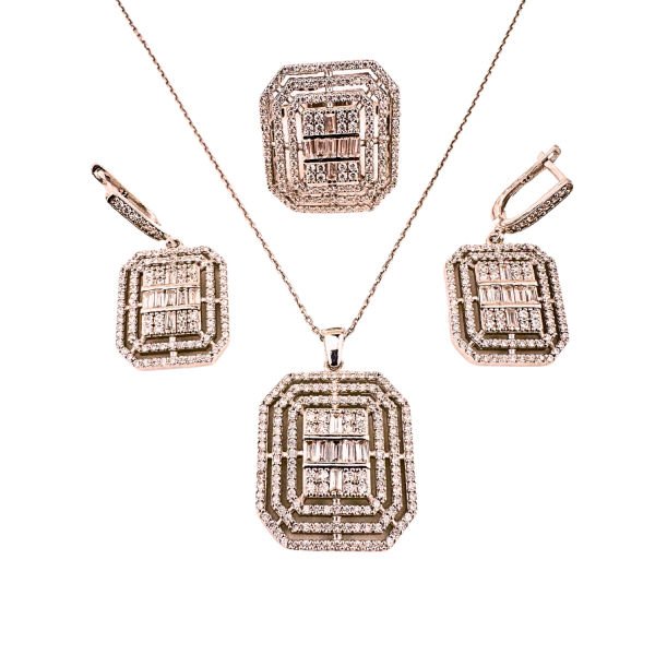 925 Ayar Gümüş Baget Kesim Zirkon Taşlı Pırlanta Modeli Dilan Set