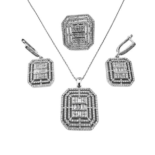 925 Ayar Gümüş Baget Kesim Zirkon Taşlı Pırlanta Modeli Dilan Set