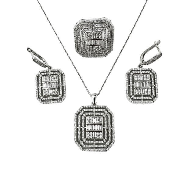 925 Ayar Gümüş Baget Kesim Zirkon Taşlı Pırlanta Modeli Dilan Set