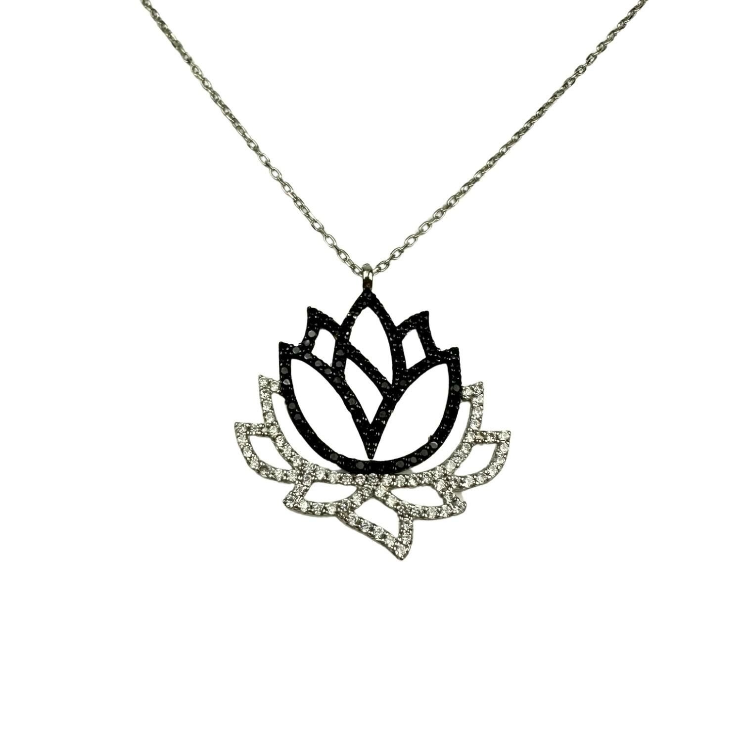 925 Ayar Gümüş Siyah Beyaz Taşlı Lotus Kolye