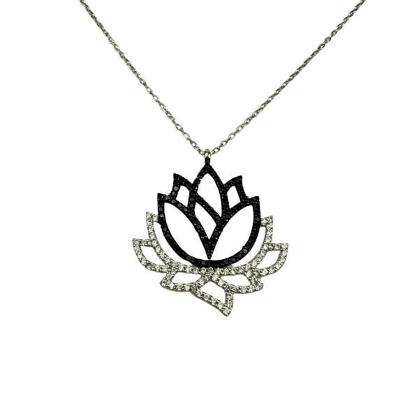 925 Ayar Gümüş Siyah Beyaz Taşlı Lotus Kolye