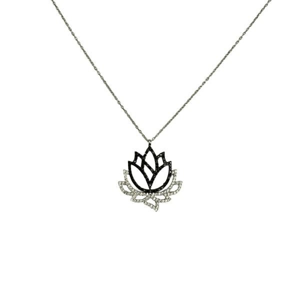 925 Ayar Gümüş Siyah Beyaz Taşlı Lotus Kolye