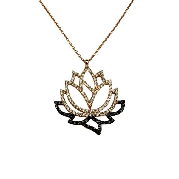 925 Ayar Gümüş Siyah Beyaz Taşlı Lotus Rose Kolye