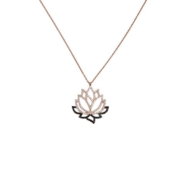 925 Ayar Gümüş Siyah Beyaz Taşlı Lotus Rose Kolye