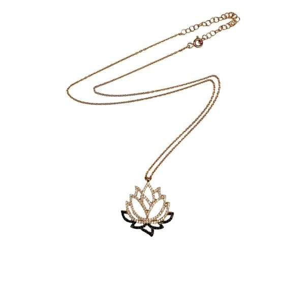 925 Ayar Gümüş Siyah Beyaz Taşlı Lotus Rose Kolye