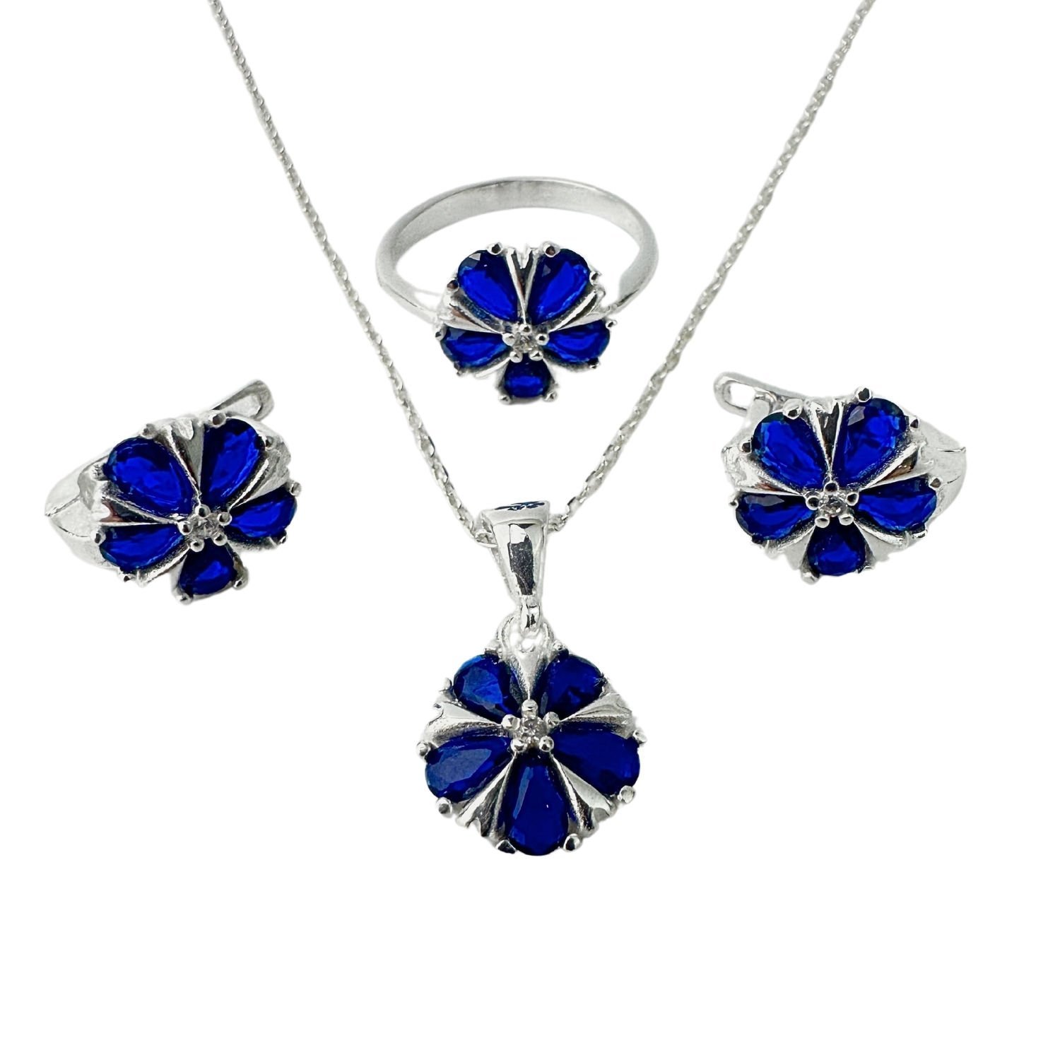 925 Ayar Gümüş Lacivert Taşlı Çiçek Set