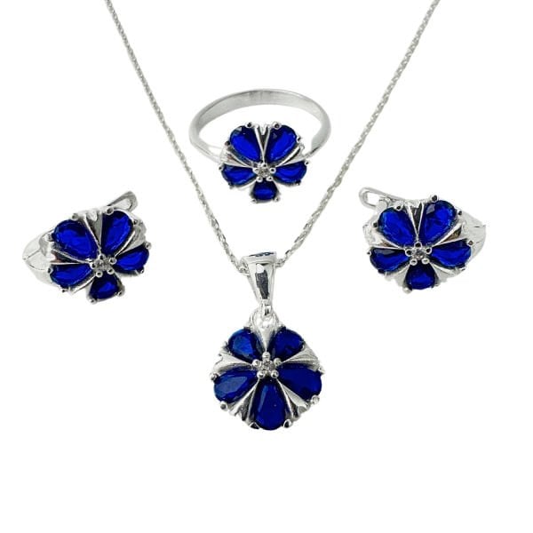 925 Ayar Gümüş Lacivert Taşlı Çiçek Set