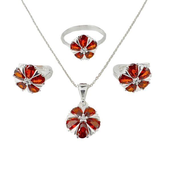 925 Ayar Gümüş Kırmızı Taşlı Çiçek Set