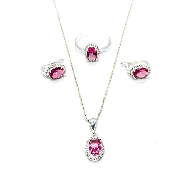 925 Ayar Gümüş Pembe Zirkon Taşlı Anturaj Set