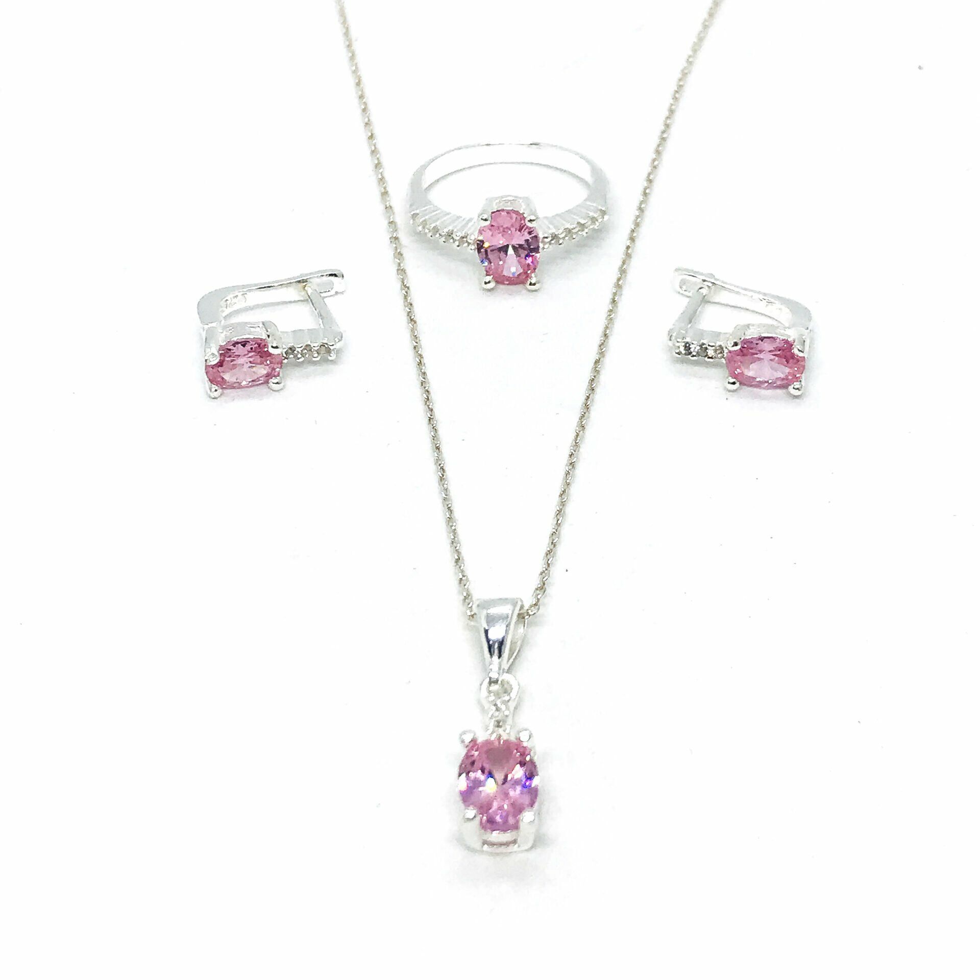 925 Ayar Gümüş Pembe Zirkon Taşlı Anturaj Set