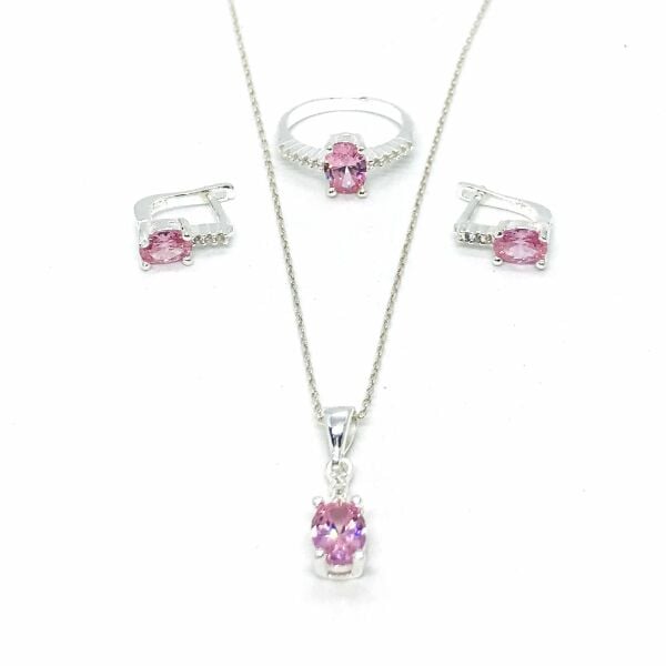 925 Ayar Gümüş Pembe Zirkon Taşlı Anturaj Set