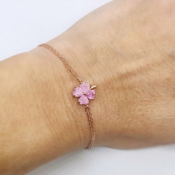 925 Ayar Gümüş Pembe Buz Quartz Taşlı Yonca Bileklik