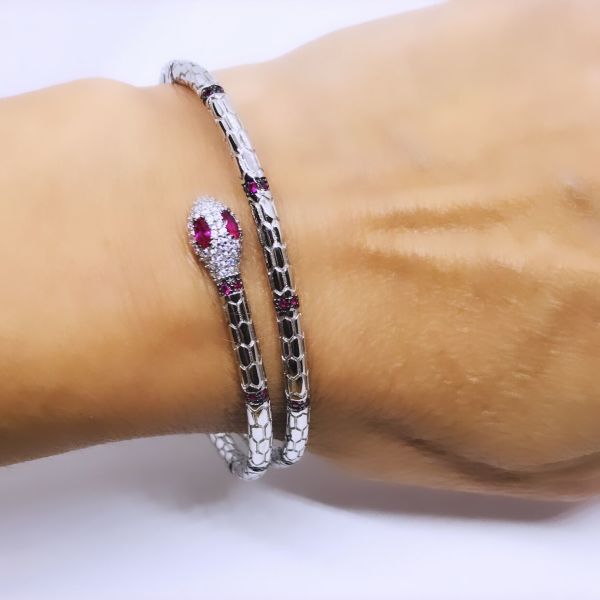 925 Ayar Gümüş Pembe Zirkon Taşlı Tasarım Yılan Bilezik