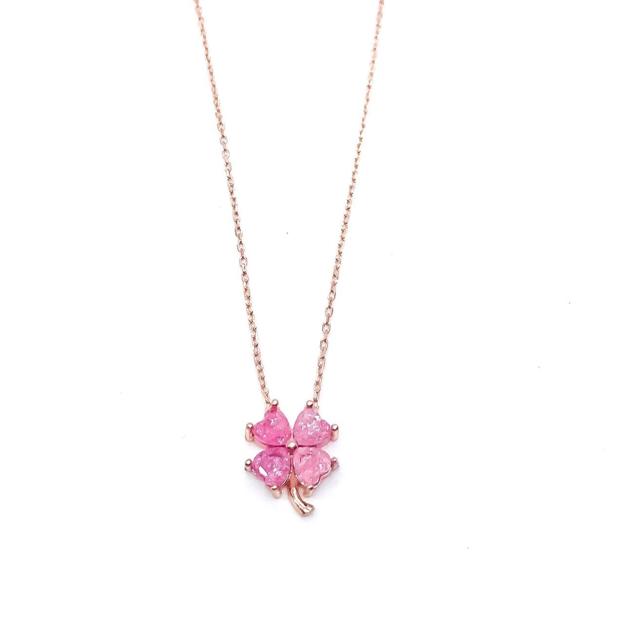 925 Ayar Gümüş İtalyan Pembe Buz Quartz Taşlı Yonca Kolye