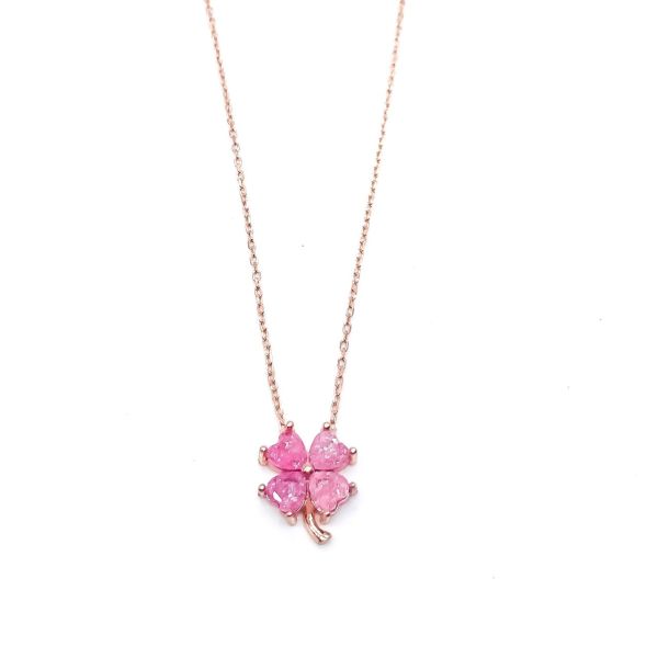 925 Ayar Gümüş İtalyan Pembe Buz Quartz Taşlı Yonca Kolye