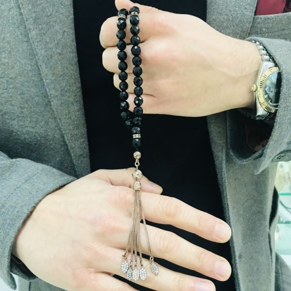 925 Ayar Gümüş Püsküllü Faset Kesim Black Onnx Taşlı Tesbih