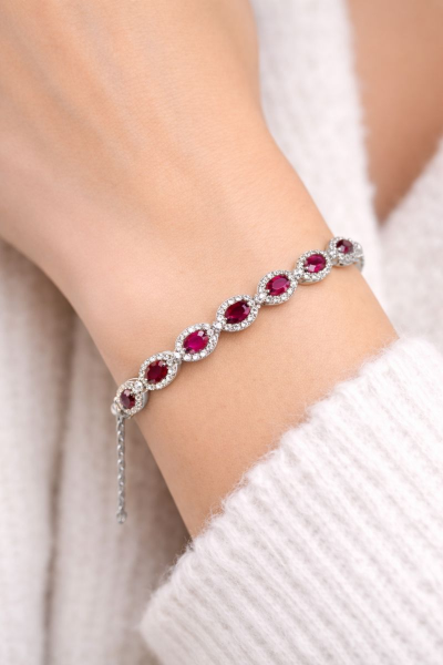 925 Ayar Gümüş Fuşya Damla Taşlı Anturajlı  Bileklik