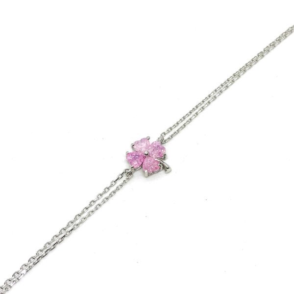 925 Ayar Gümüş Pembe Buz Quartz Taşlı Yonca Bileklik