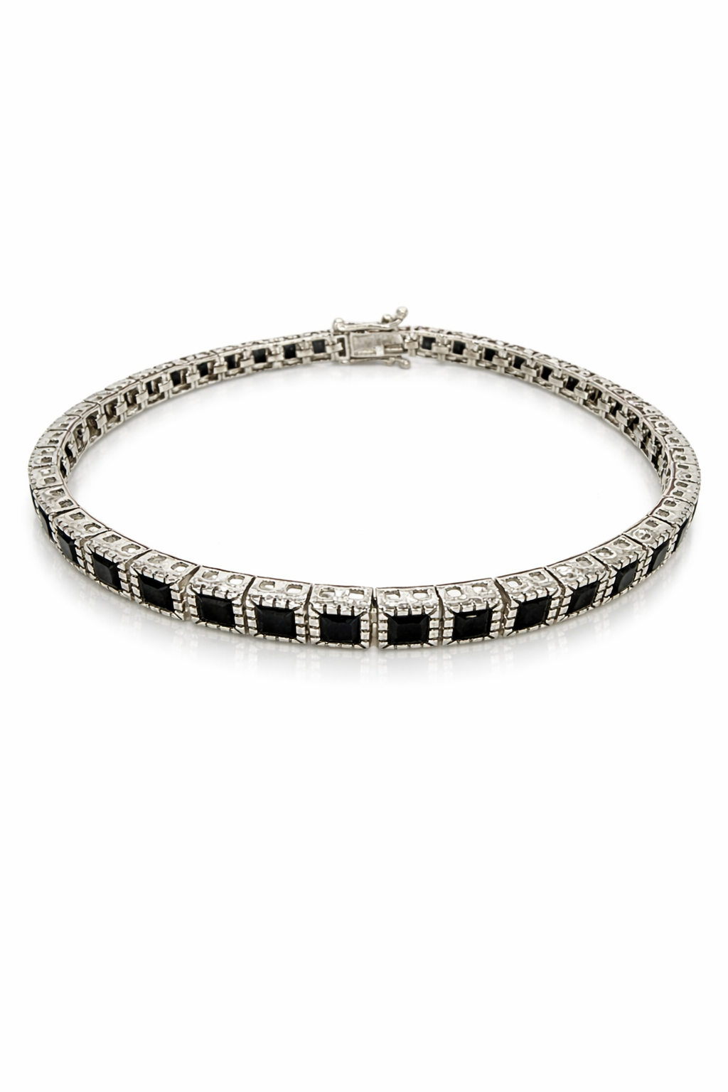 925 Ayar Gümüş Siyah Kare Fasetli Kesim Taşlı Su Yolu  Bileklik