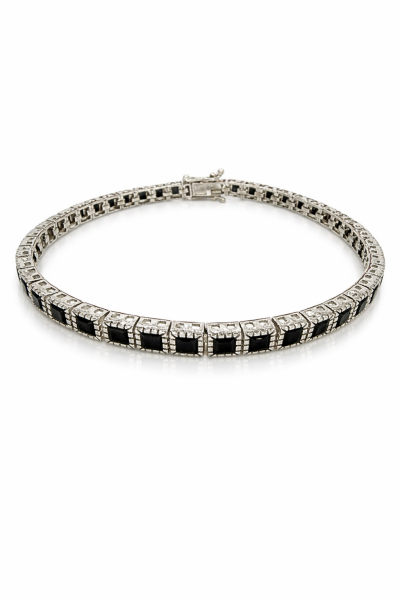 925 Ayar Gümüş Siyah Kare Fasetli Kesim Taşlı Su Yolu  Bileklik