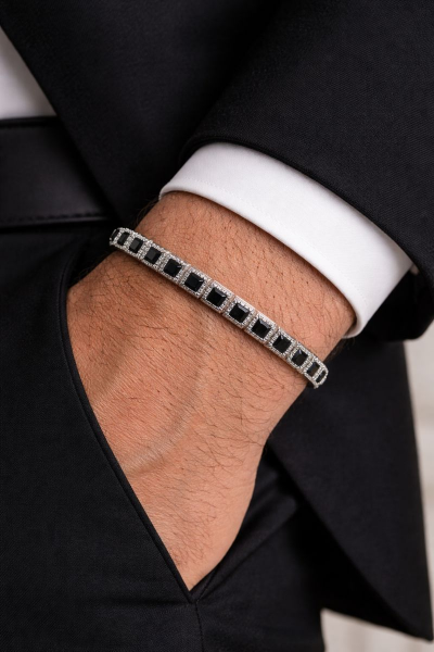 925 Ayar Gümüş Siyah Kare Fasetli Kesim Taşlı Su Yolu  Bileklik