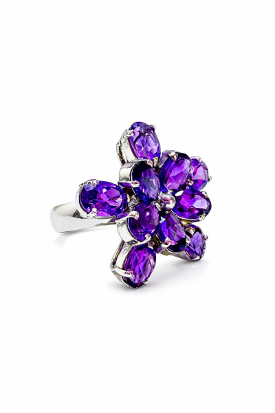 925 Ayar Gümüş Ametist Taşlı Tasarım Çiçek Yüzük