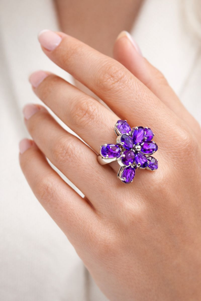 925 Ayar Gümüş Ametist Taşlı Tasarım Çiçek Yüzük