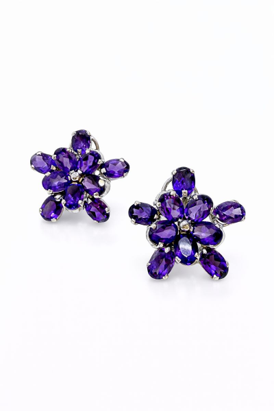 925 Ayar Gümüş Ametist Taşlı Tasarım Çiçek Küpe