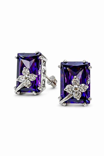 925 Ayar Gümüş Ametist Taşlı Tasarım Dikdörtgen Çiçekli Küpe