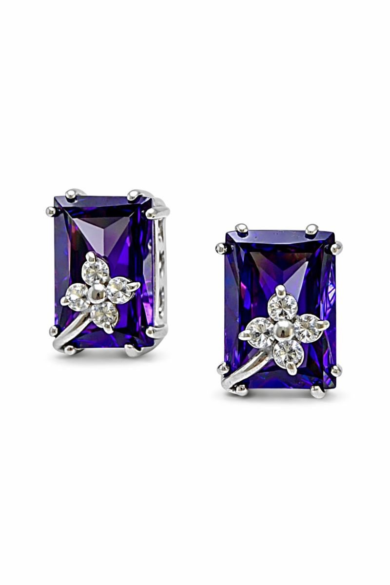 925 Ayar Gümüş Ametist Taşlı Tasarım Dikdörtgen Çiçekli Küpe