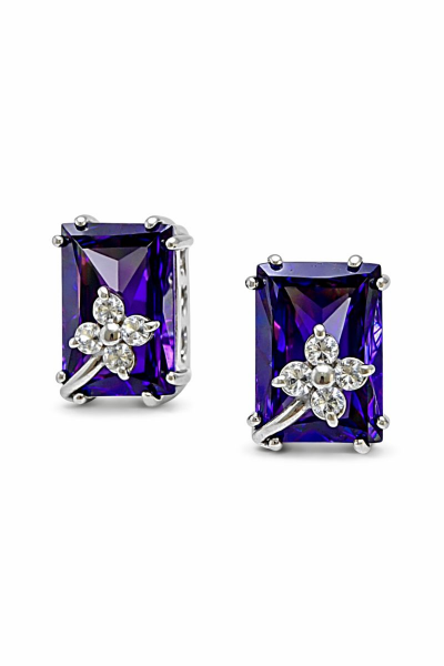 925 Ayar Gümüş Ametist Taşlı Tasarım Dikdörtgen Çiçekli Küpe