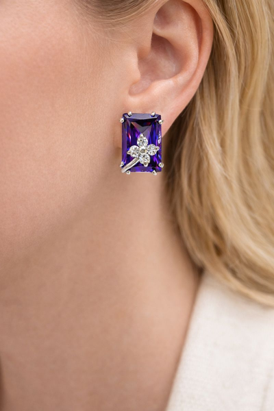 925 Ayar Gümüş Ametist Taşlı Tasarım Dikdörtgen Çiçekli Küpe