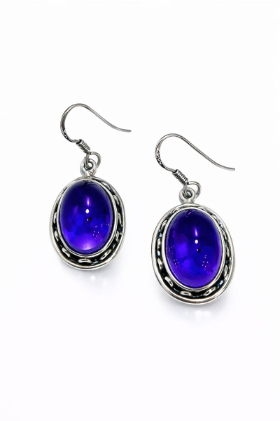 925 Ayar Gümüş Ametist Oval Taşlı Tasarım Sallantılı Küpe