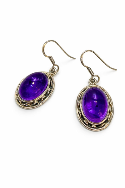 925 Ayar Gümüş Ametist Oval Taşlı Tasarım Sallantılı Küpe